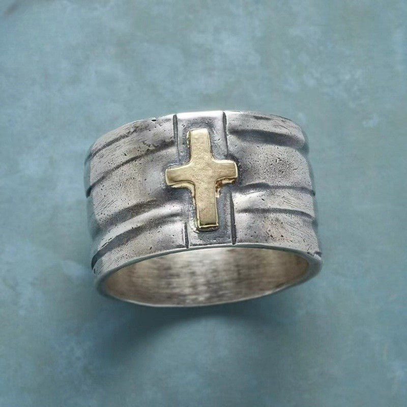 Two-Tone Cross Wide Band Ring