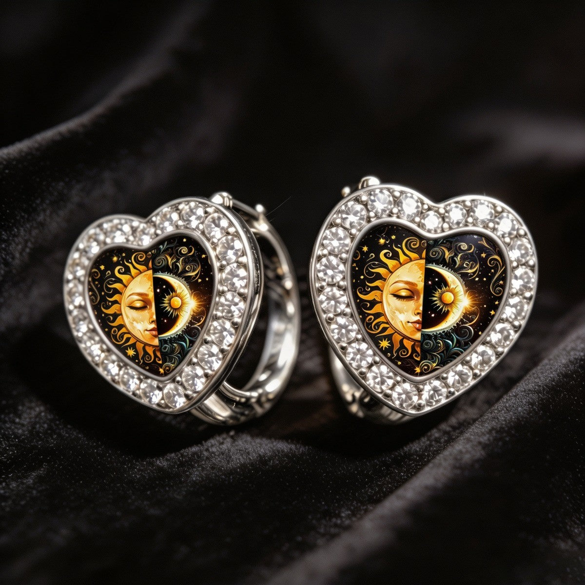 Crystal Sun & Moon Heart Hoop Earrings