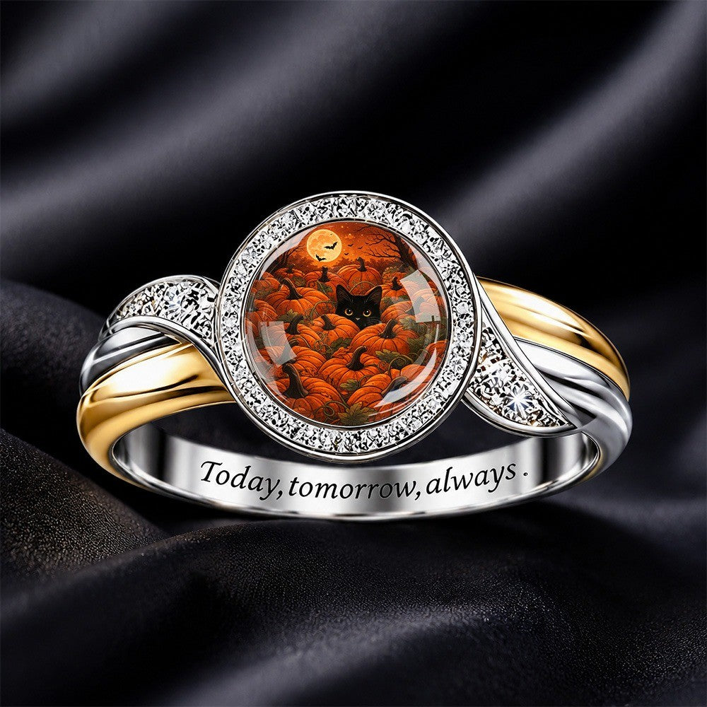 Black Cat Pumpkin Scene Ring