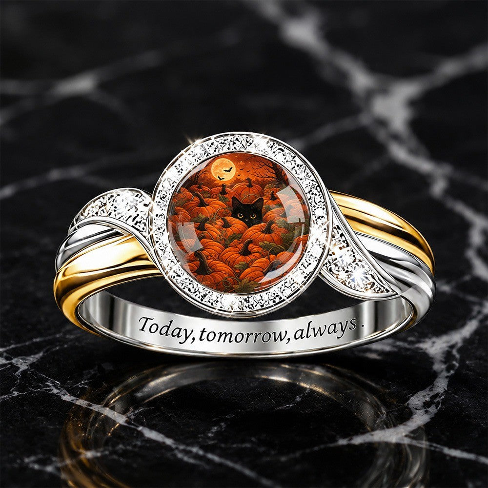 Black Cat Pumpkin Scene Ring