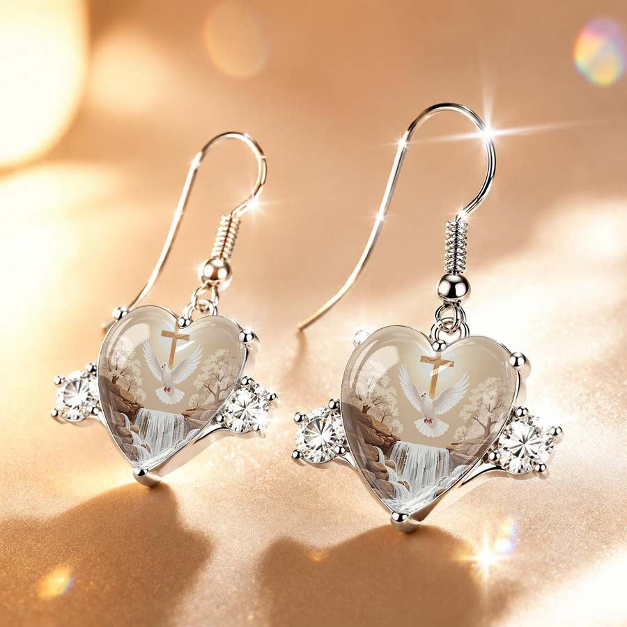 Dove & Cross Heart Drop Earrings