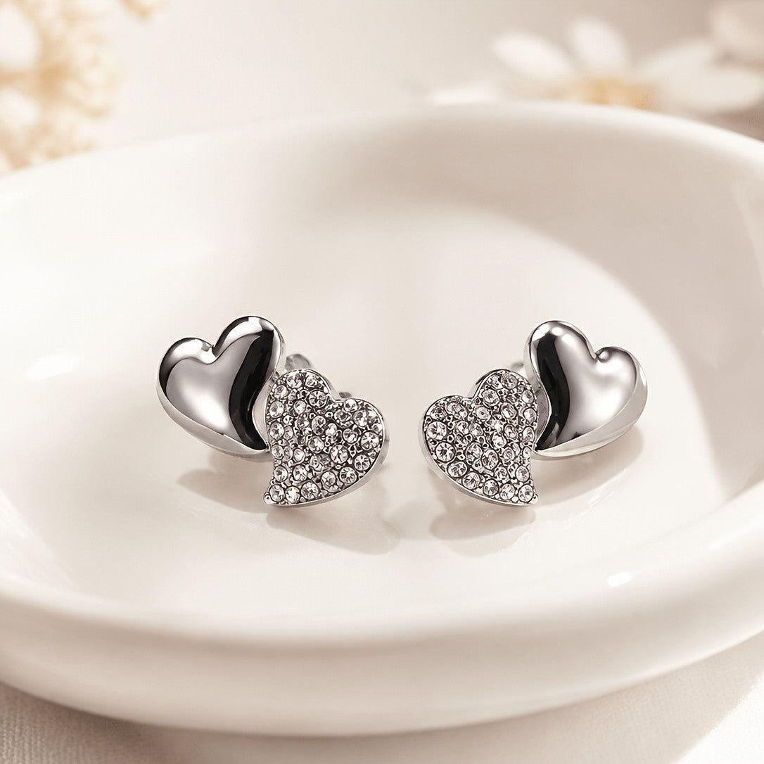 Polished & Crystal Double Heart Earrings