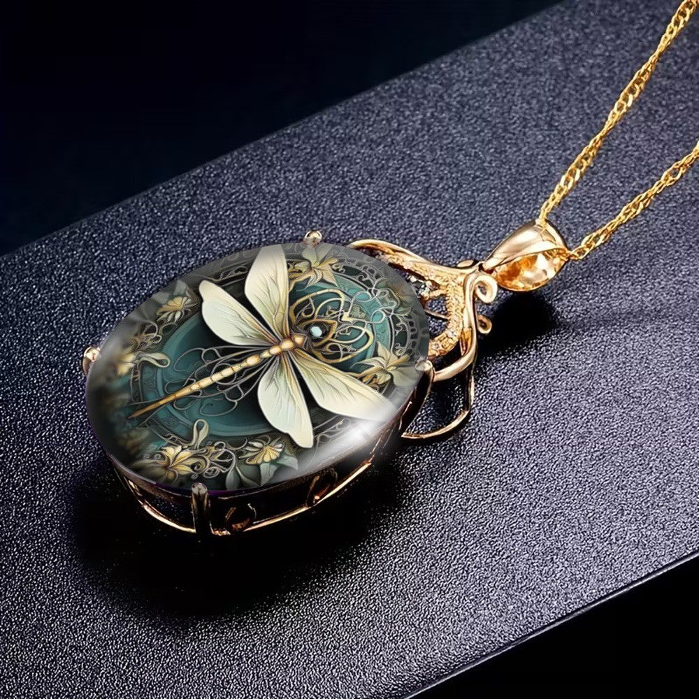 Ornate Dragonfly Glass Pendant Necklace