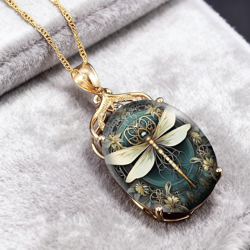 Ornate Dragonfly Glass Pendant Necklace
