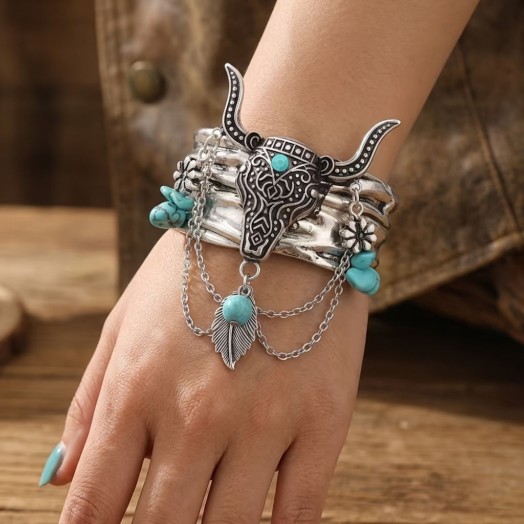 Turquoise Bull Head & Feather Chain Cuff