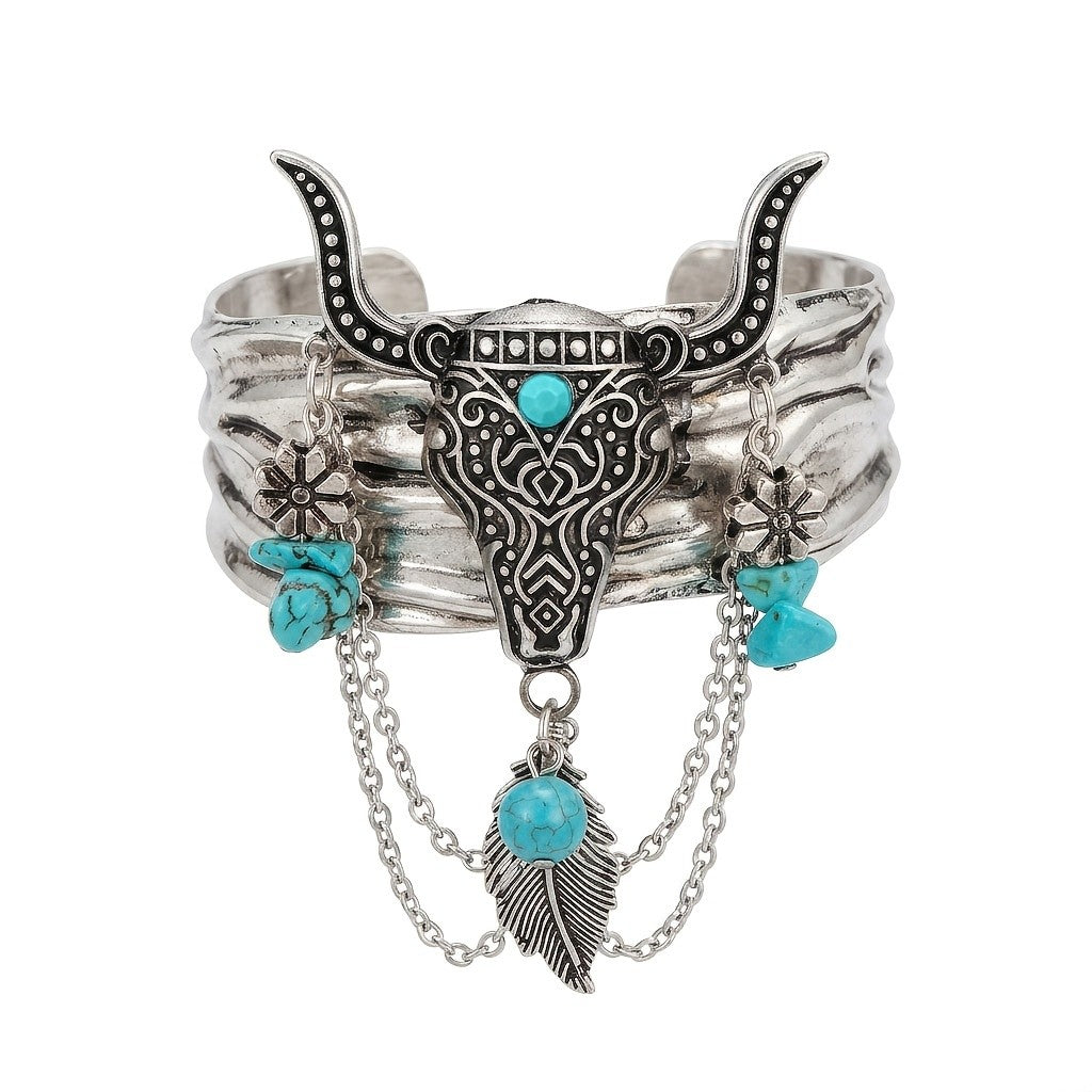Turquoise Bull Head & Feather Chain Cuff