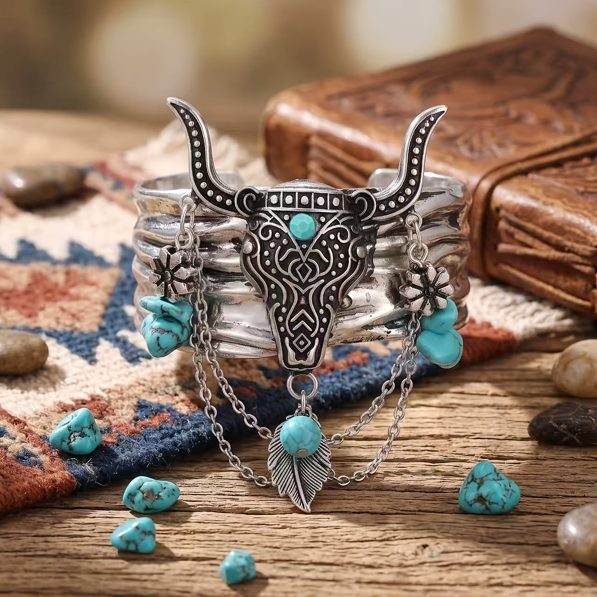 Turquoise Bull Head & Feather Chain Cuff