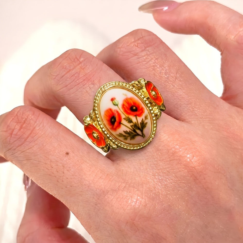 Red Poppy Oval Statement Ring