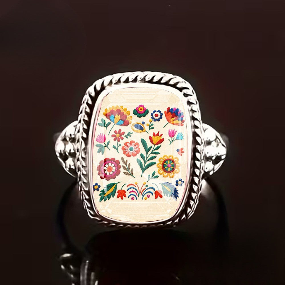 Colorful Floral Folk Art Square Ring