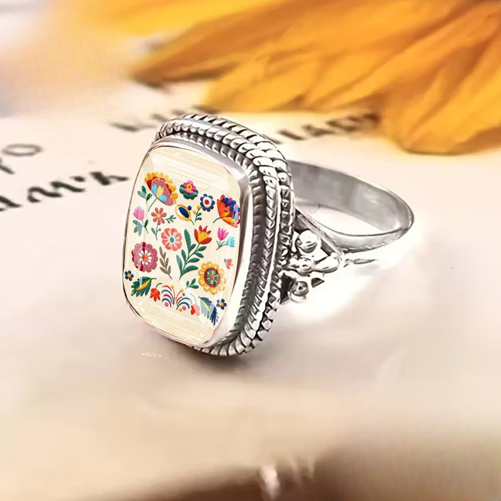Colorful Floral Folk Art Square Ring