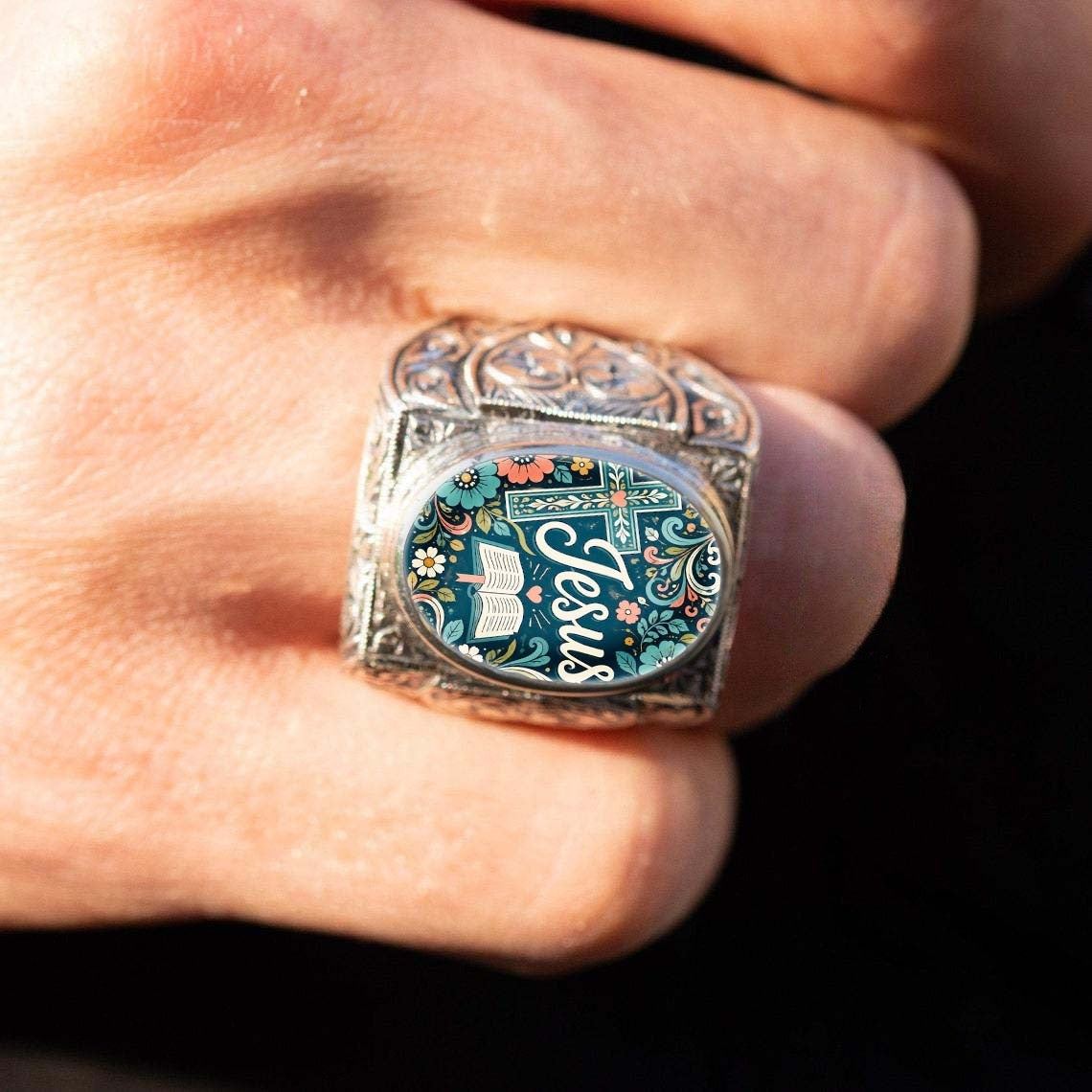 Jesus Floral Oval Ring