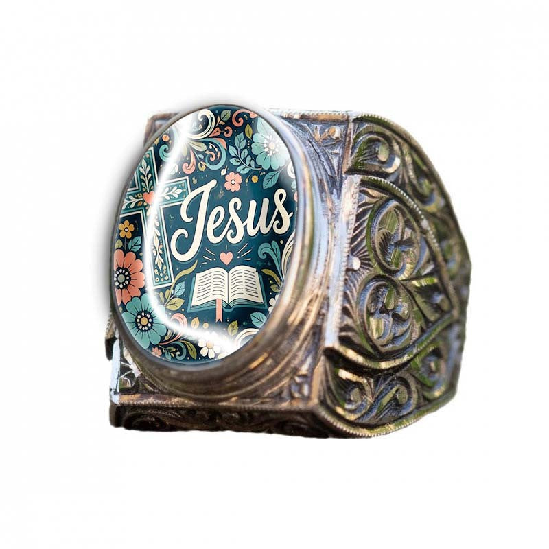 Jesus Floral Oval Ring