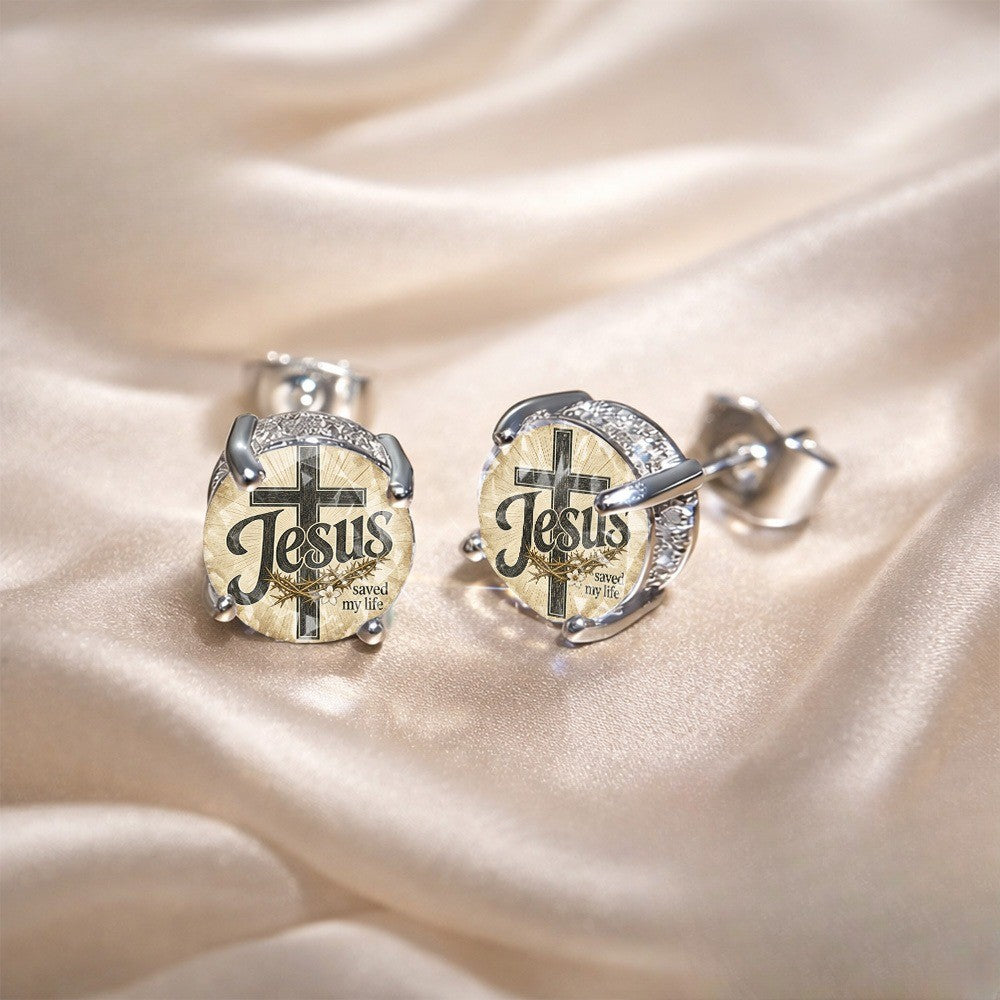 Jesus Saved My Life Cross Stud Earrings
