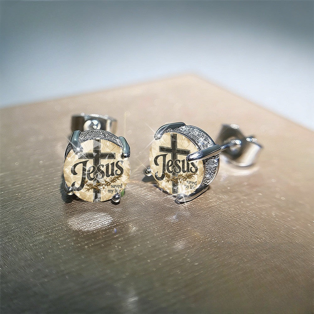 Jesus Saved My Life Cross Stud Earrings