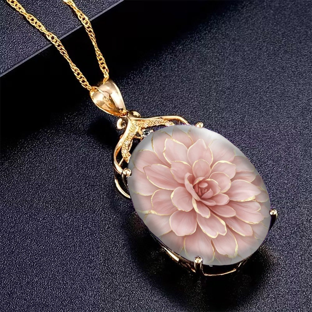 Pink Dahlia Glass Pendant Necklace