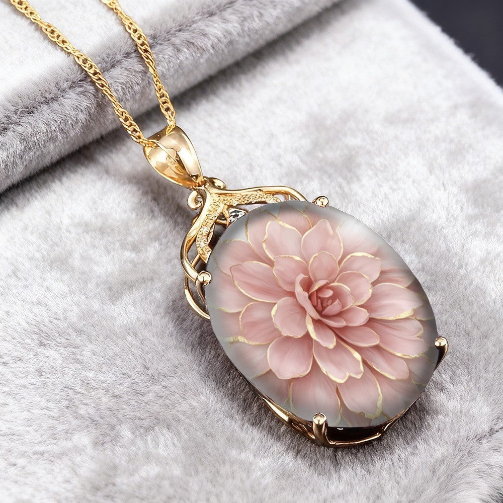 Pink Dahlia Glass Pendant Necklace