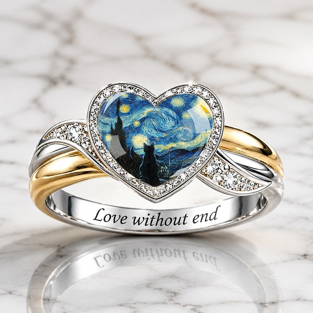 Starry Night Cat Heart Ring