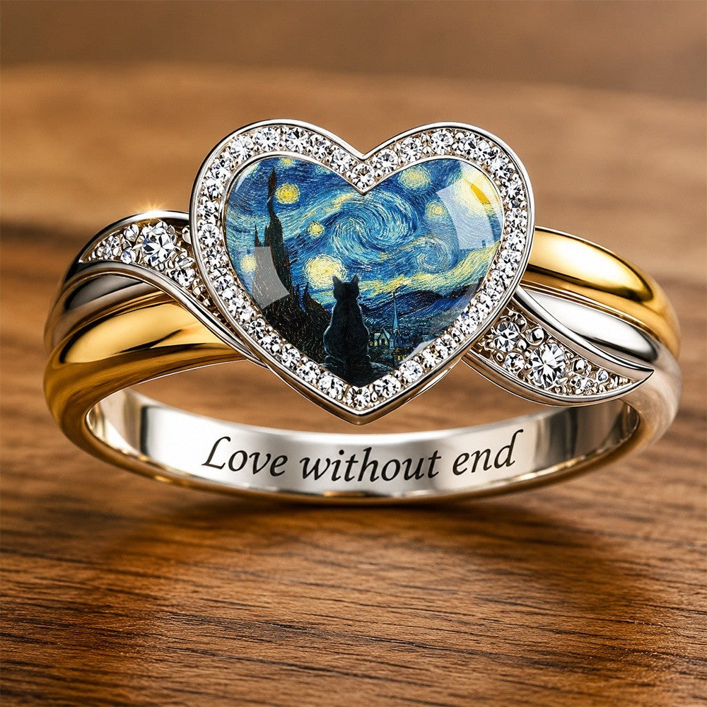 Starry Night Cat Heart Ring