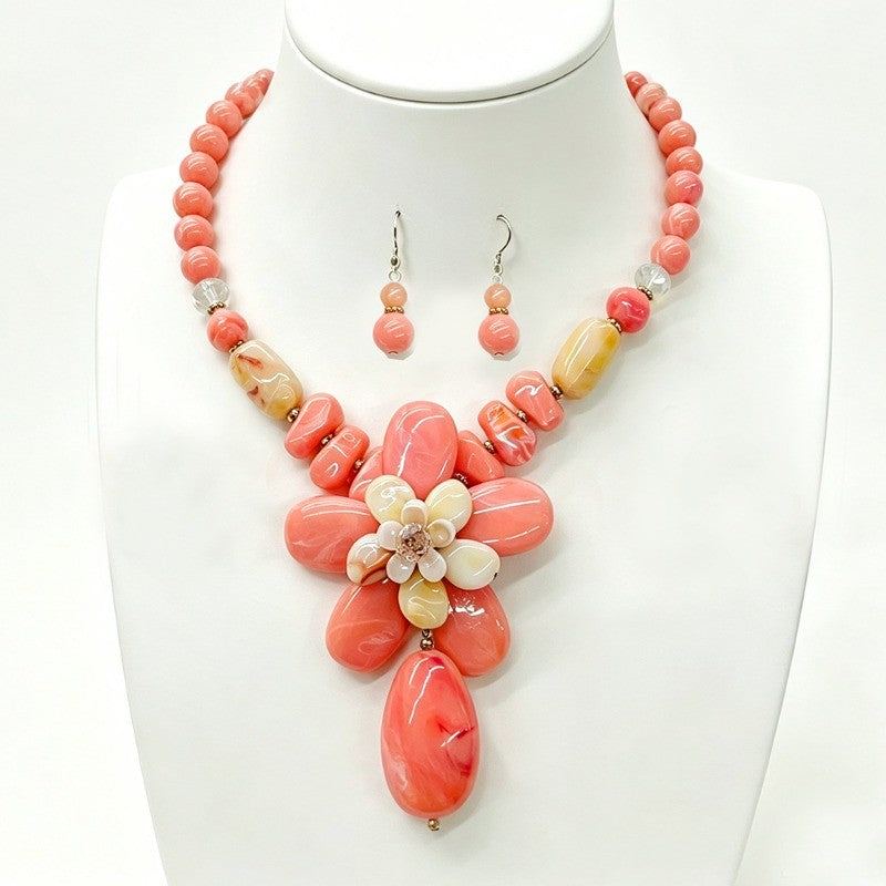 Coral Floral Beaded Necklace & Earring Set