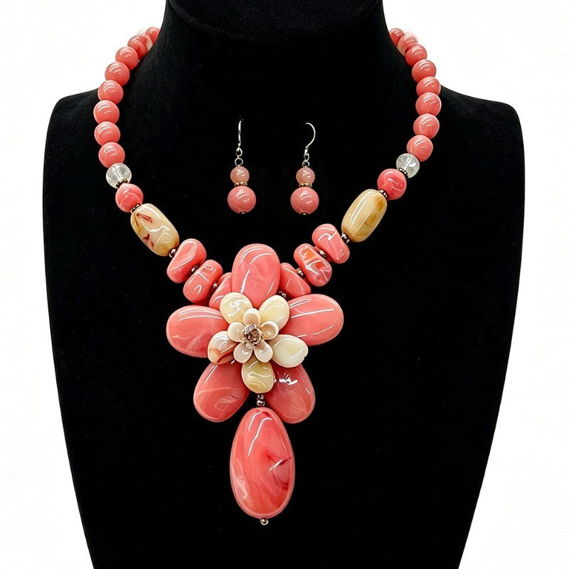 Coral Floral Beaded Necklace & Earring Set