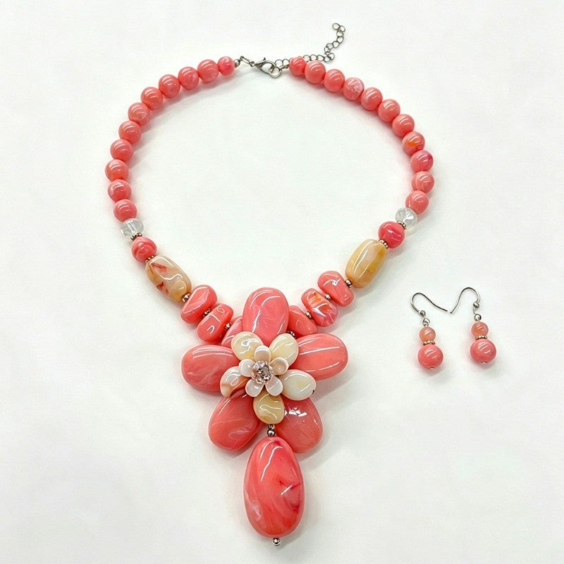 Coral Floral Beaded Necklace & Earring Set