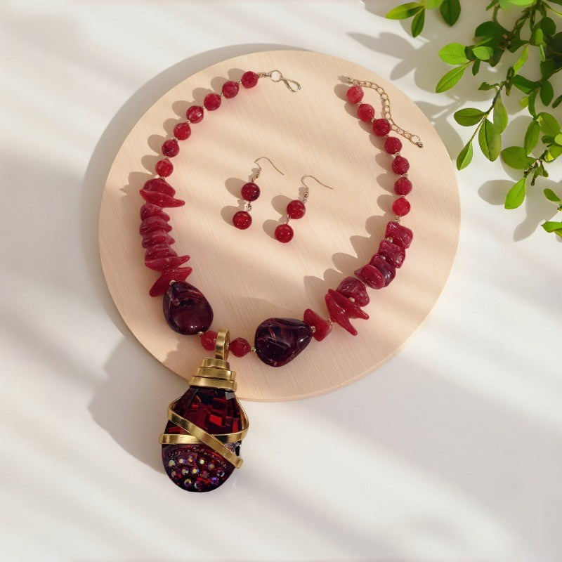 Stone Chip & Cage Pendant Necklace Set