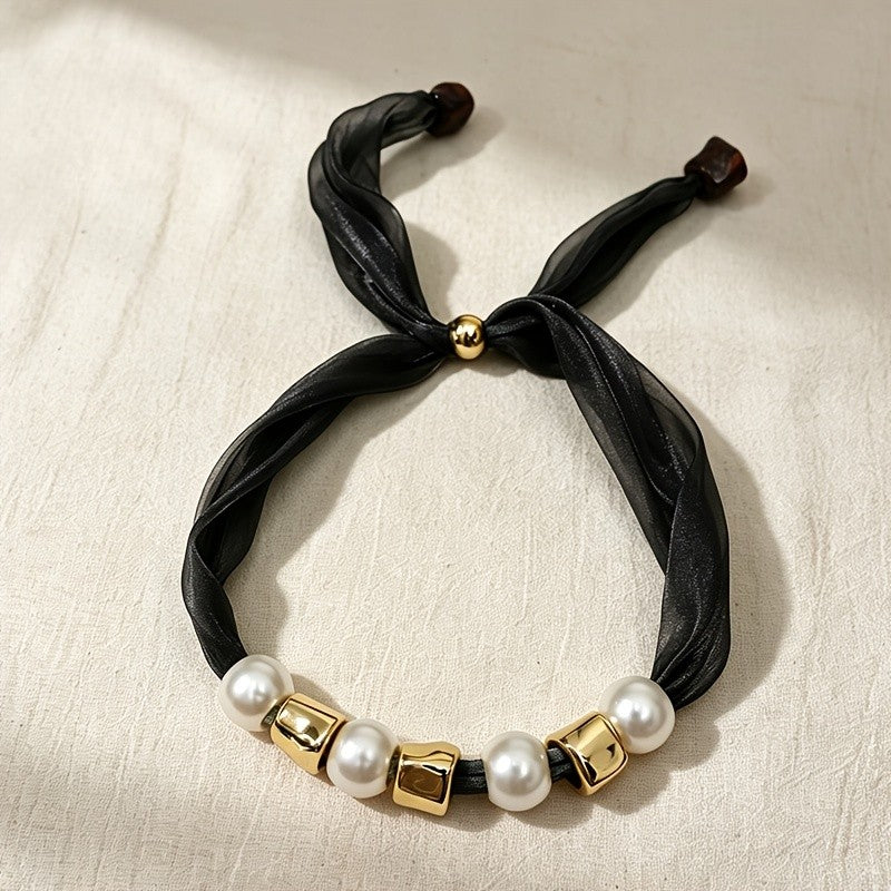 Black Ribbon Pearl Tie Necklace