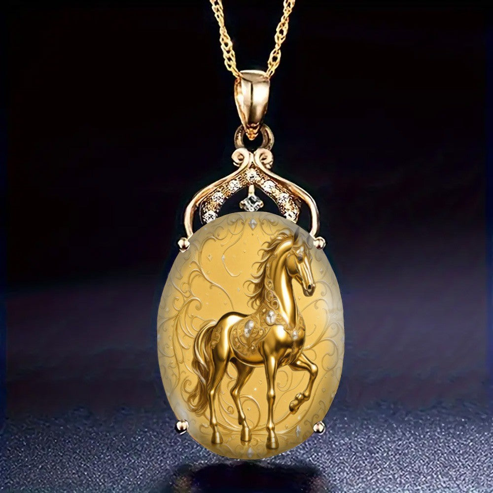 Golden Horse Oval Pendant Necklace