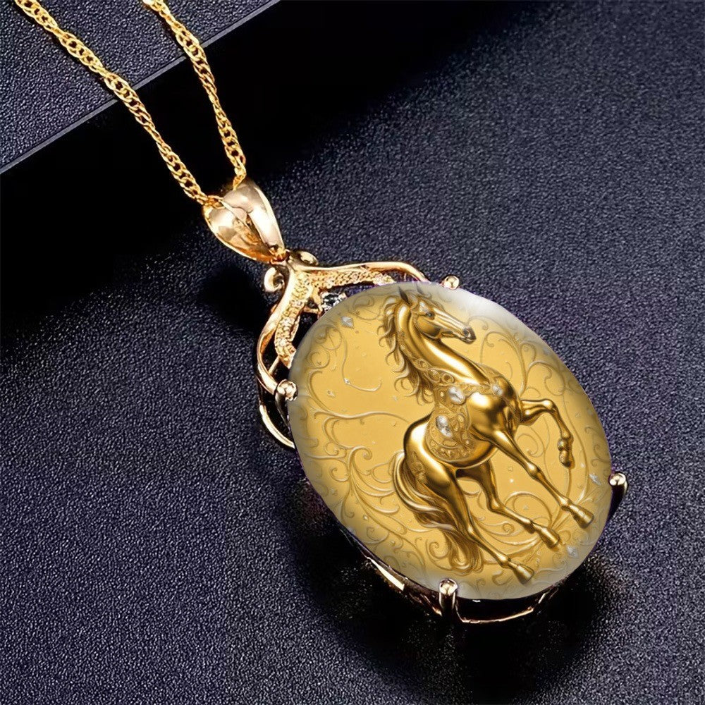 Golden Horse Oval Pendant Necklace