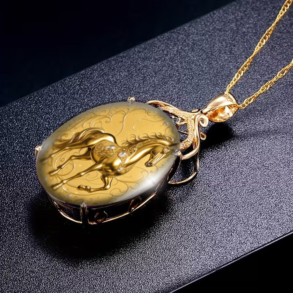 Golden Horse Oval Pendant Necklace