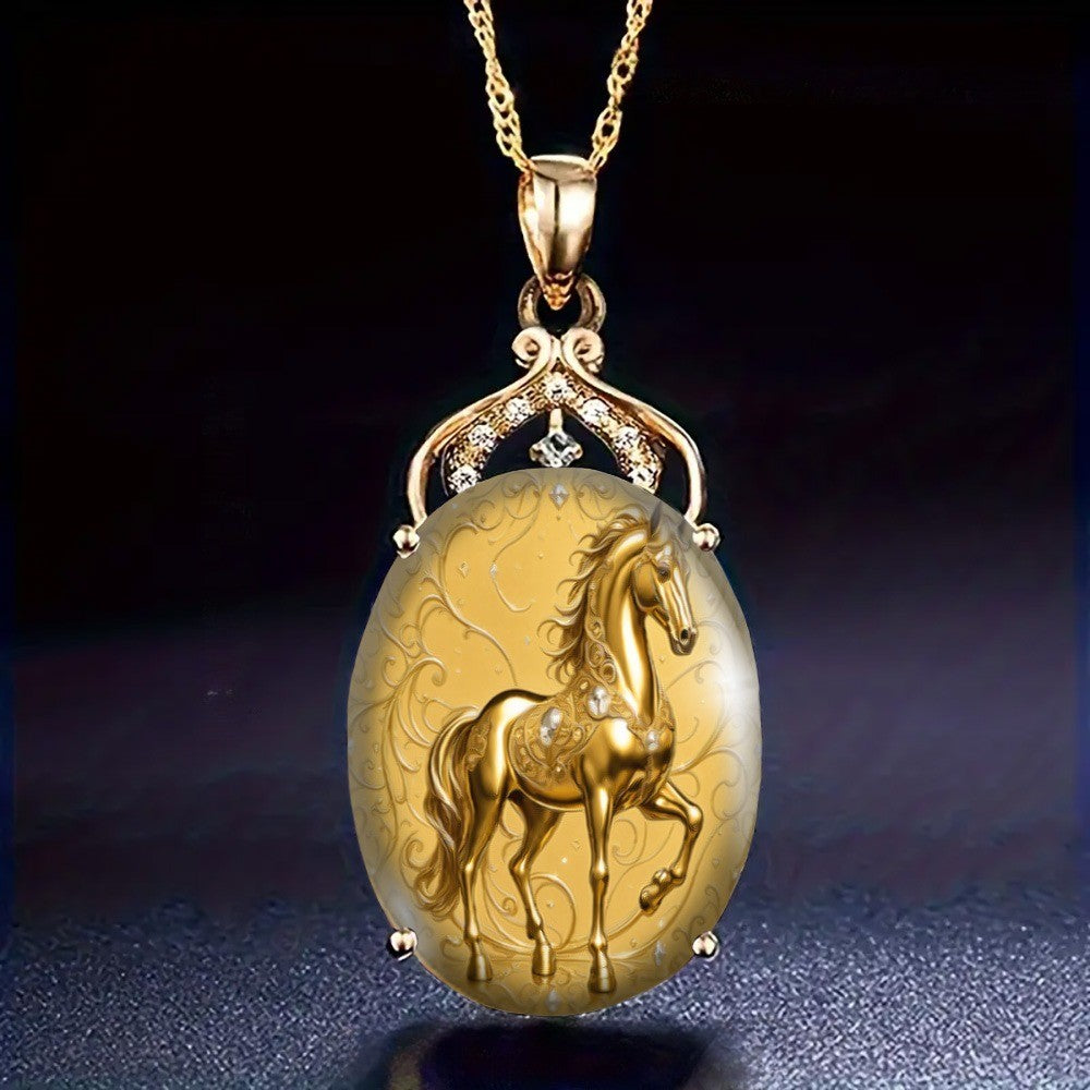 Golden Horse Oval Pendant Necklace