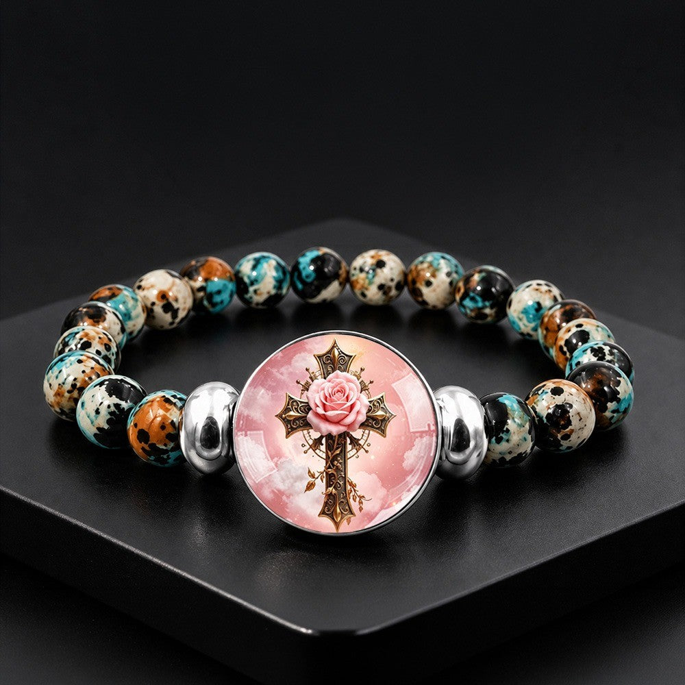 Pink Rose Cross Bead Bracelet