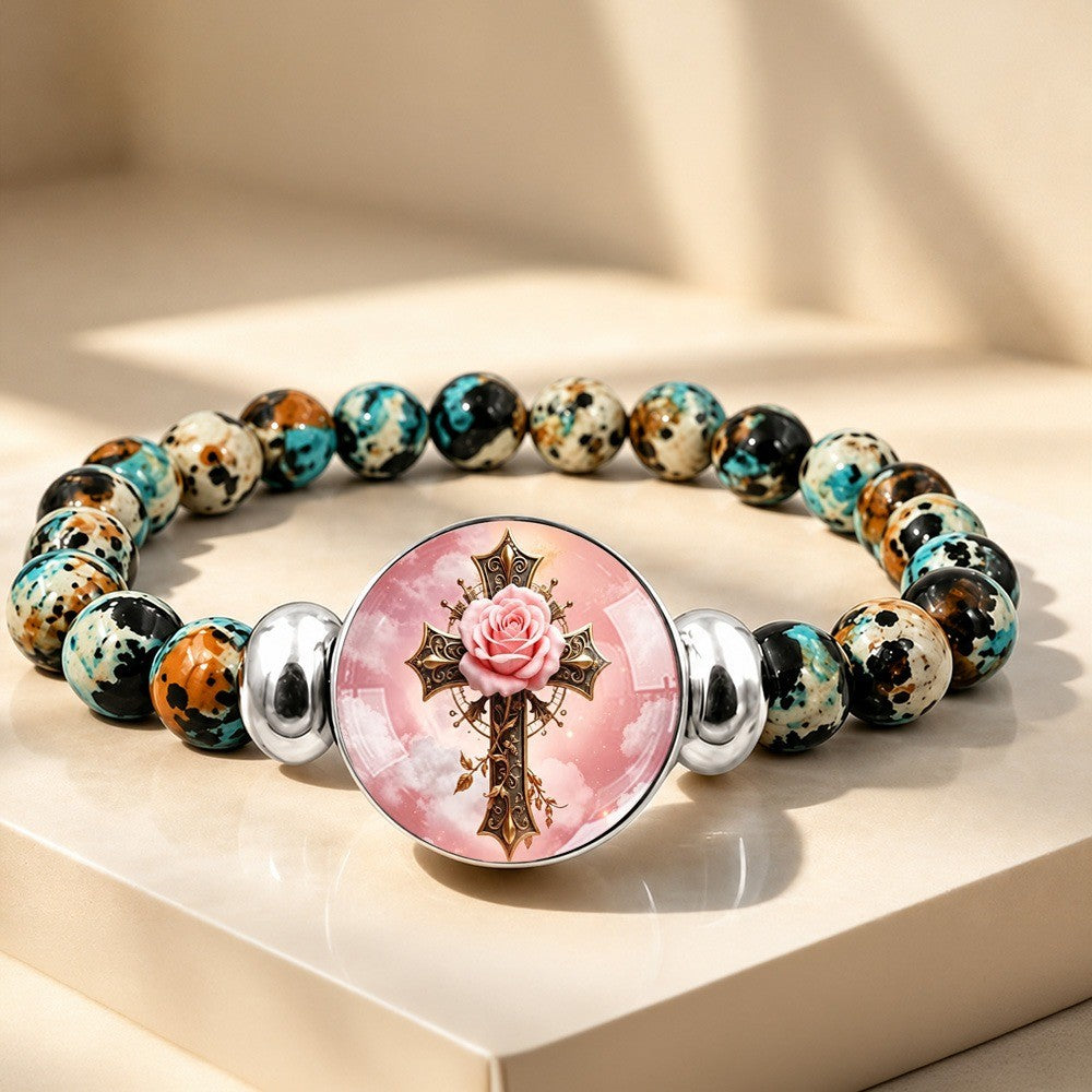 Pink Rose Cross Bead Bracelet