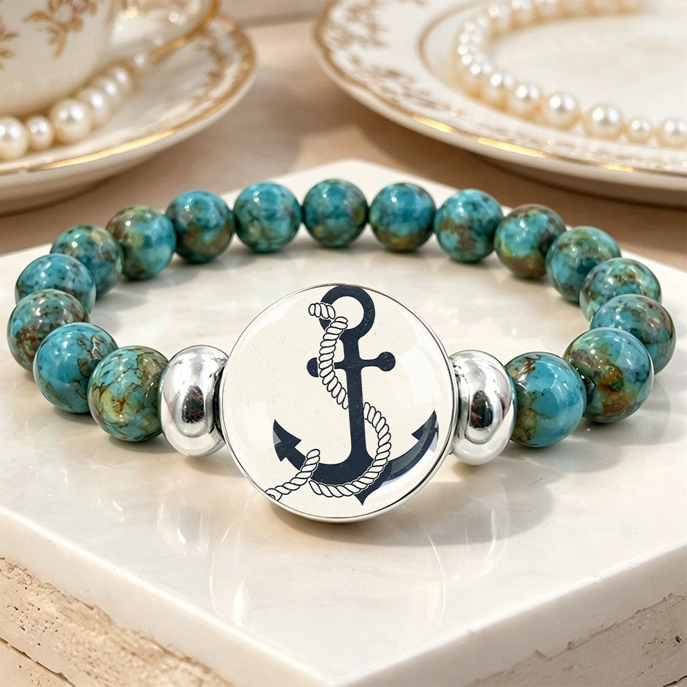 Turquoise Anchor Charm Bead Bracelet