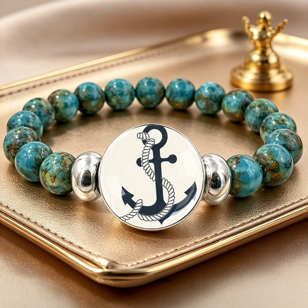 Turquoise Anchor Charm Bead Bracelet
