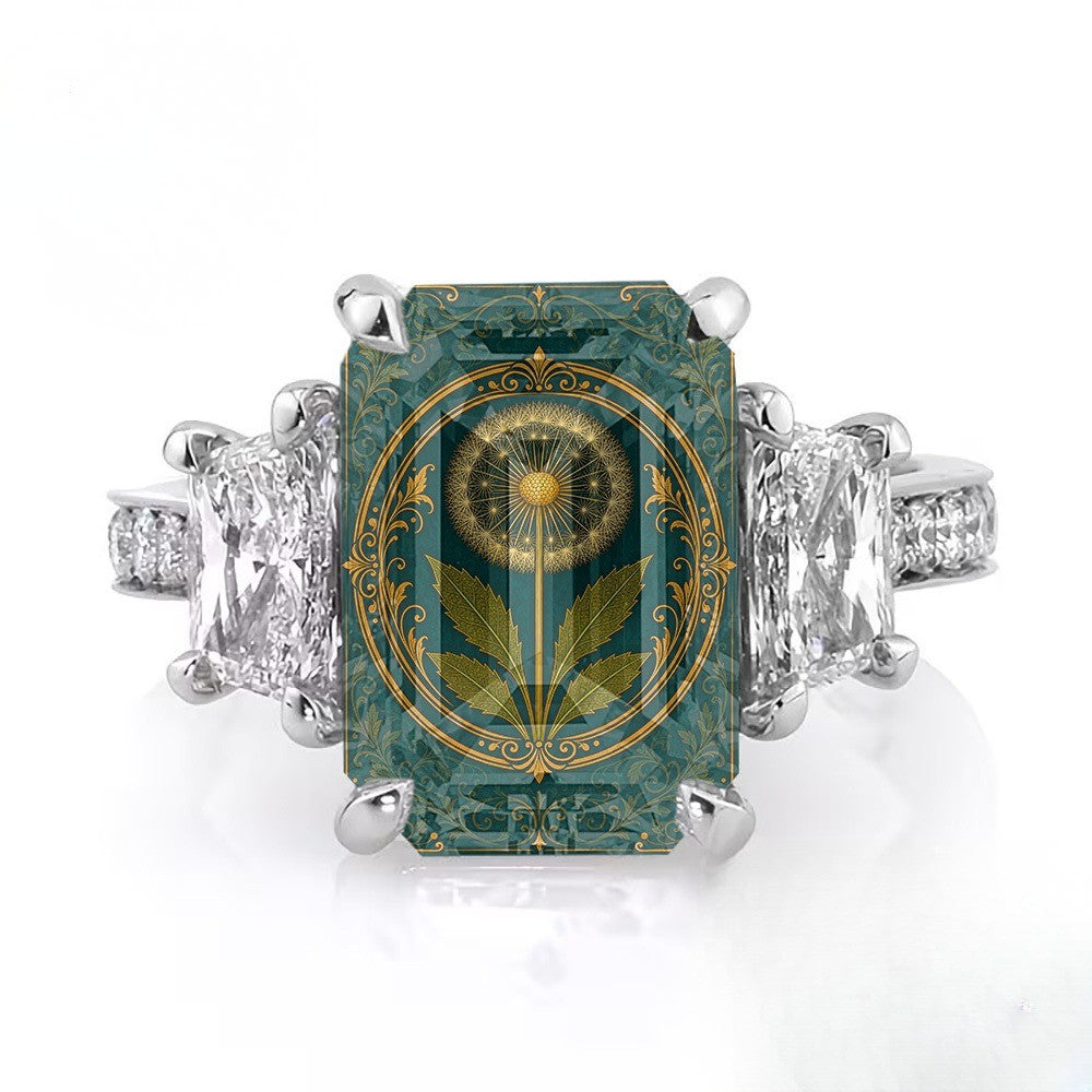 Teal Dandelion Crystal Square Ring