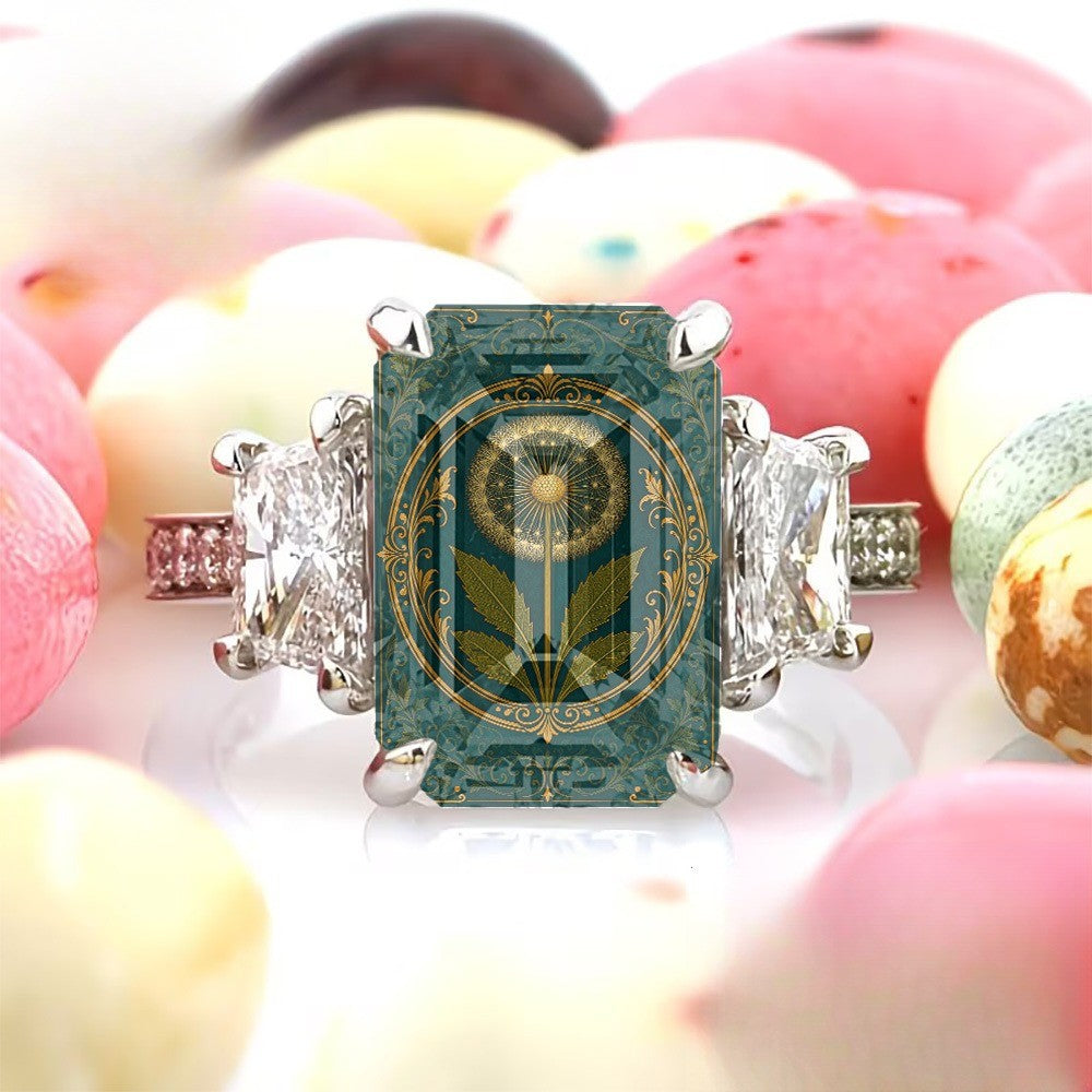 Teal Dandelion Crystal Square Ring