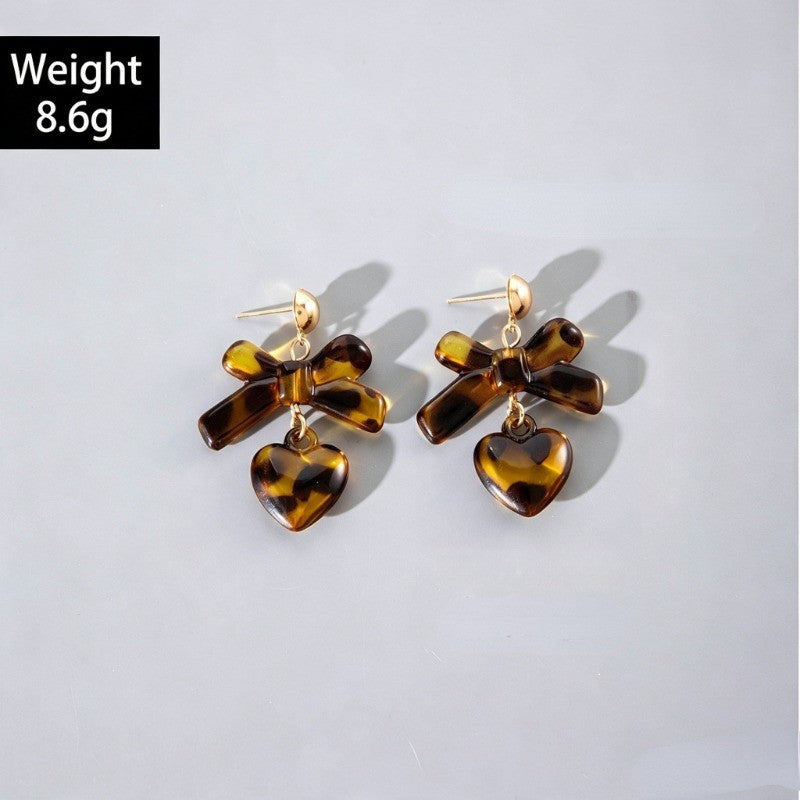 Tortoise Bow & Heart Drop Earrings