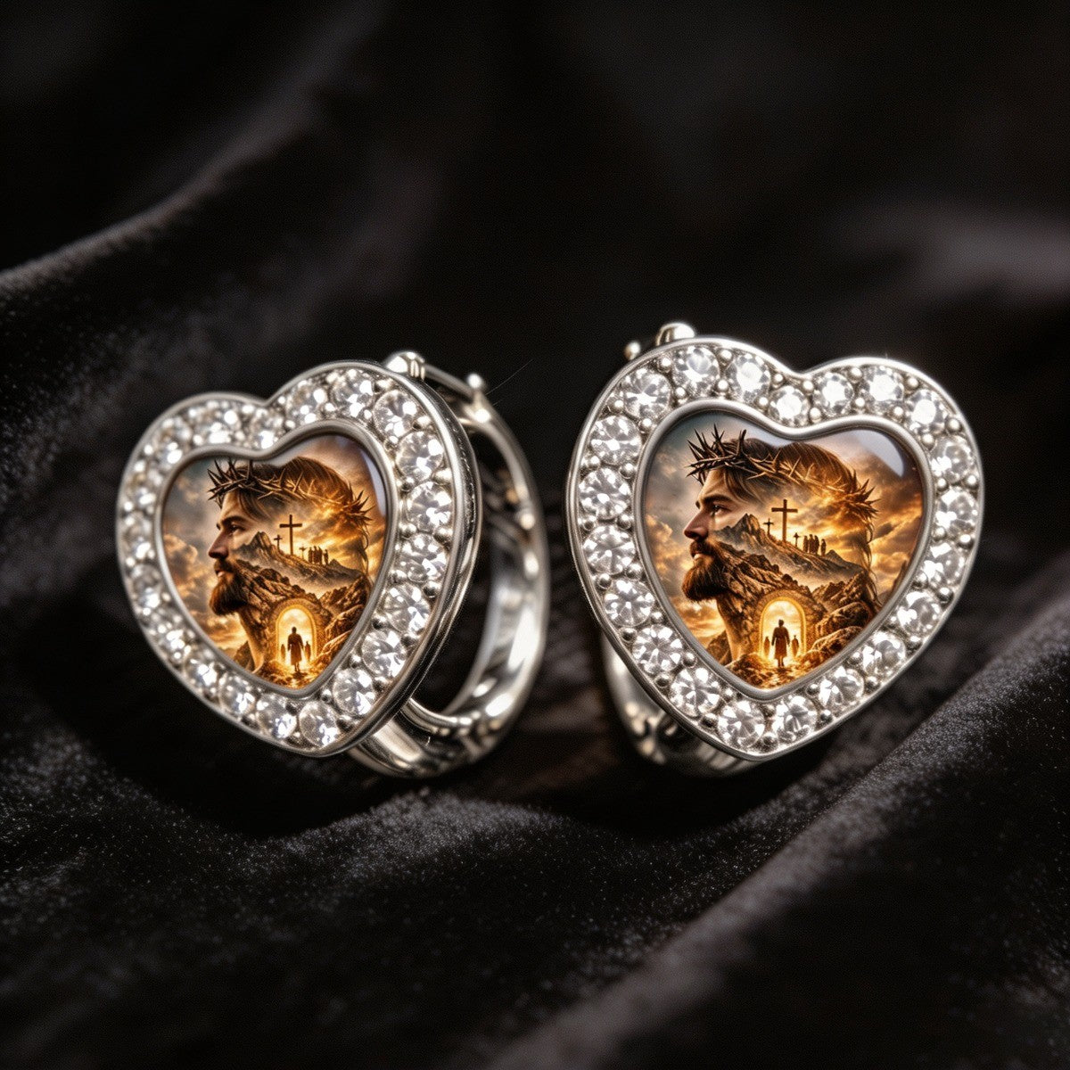 Pave Heart Religious Scene Huggie Earrings