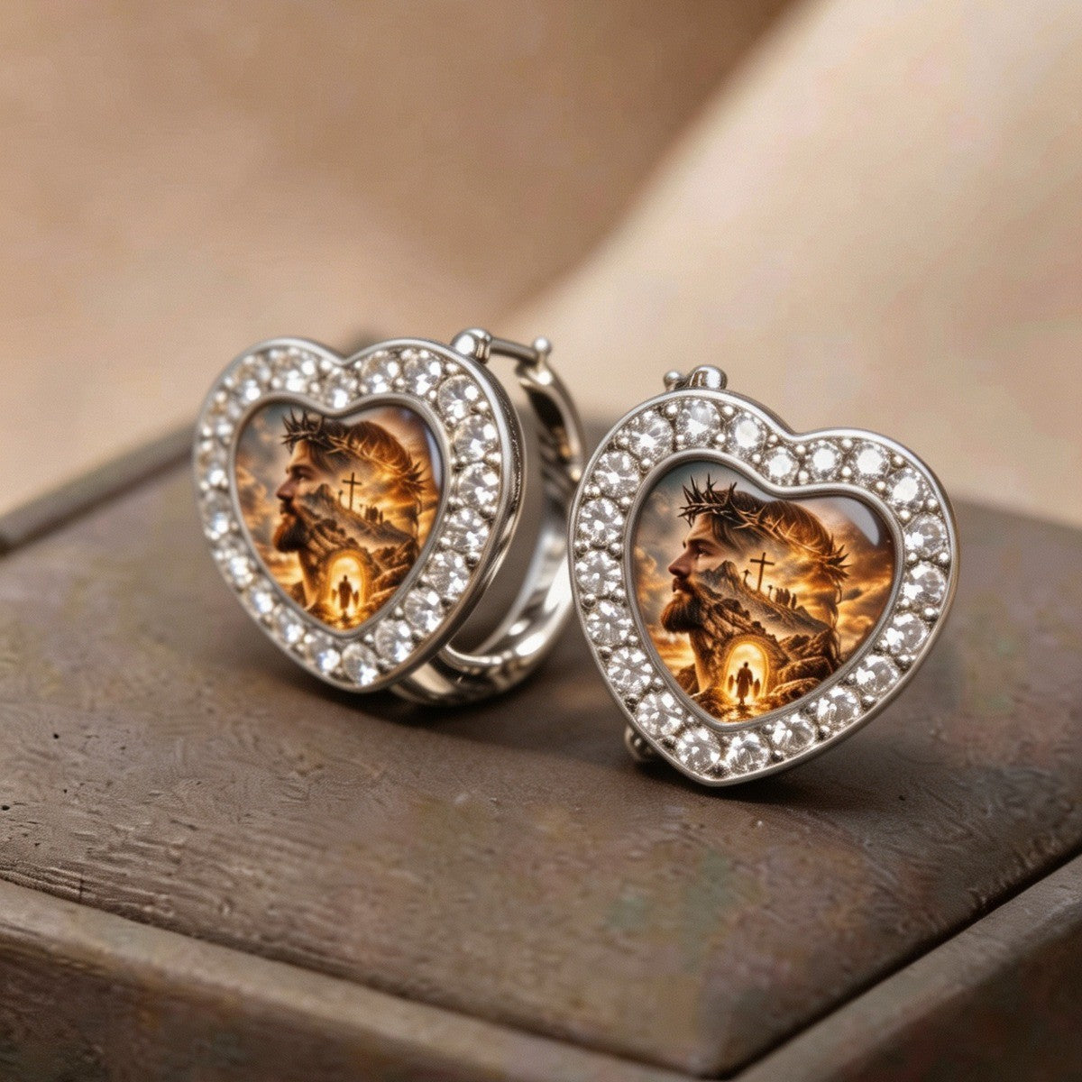 Pave Heart Religious Scene Huggie Earrings