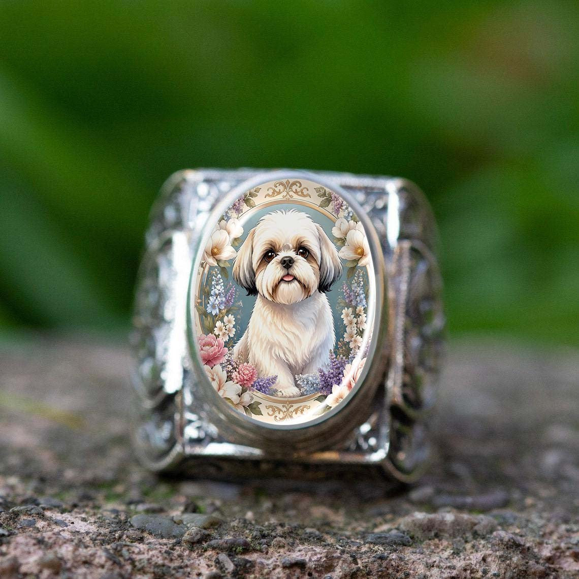 Shih Tzu Floral Oval Ring