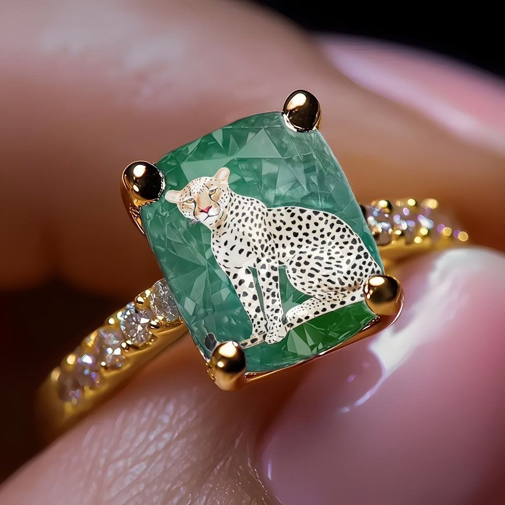Seated Leopard Emerald Square Ring
