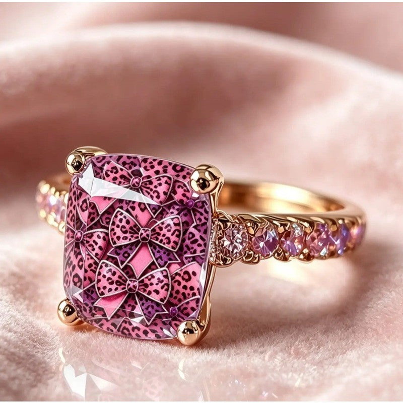 Pink Leopard Bow Square Ring