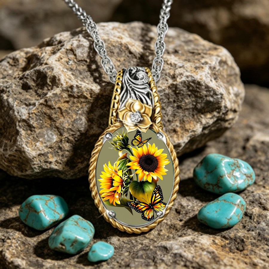 Two-Tone Sunflower & Butterfly Oval Pendant Necklace