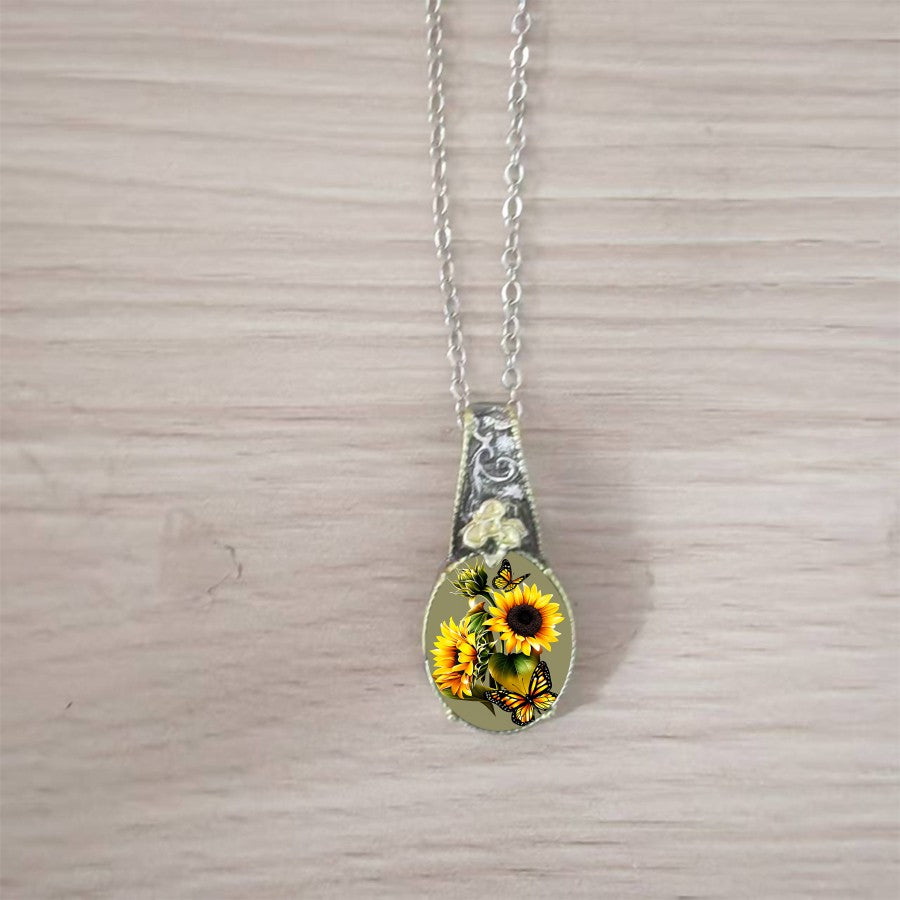 Two-Tone Sunflower & Butterfly Oval Pendant Necklace