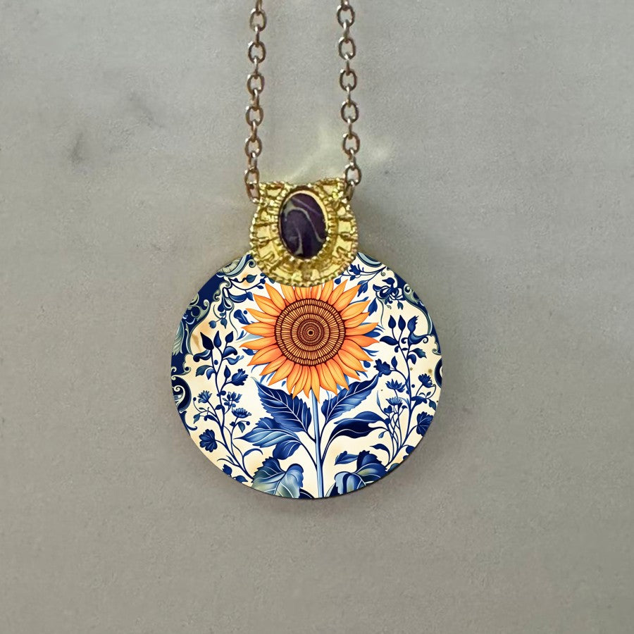 Blue Floral Sunflower Disc Necklace