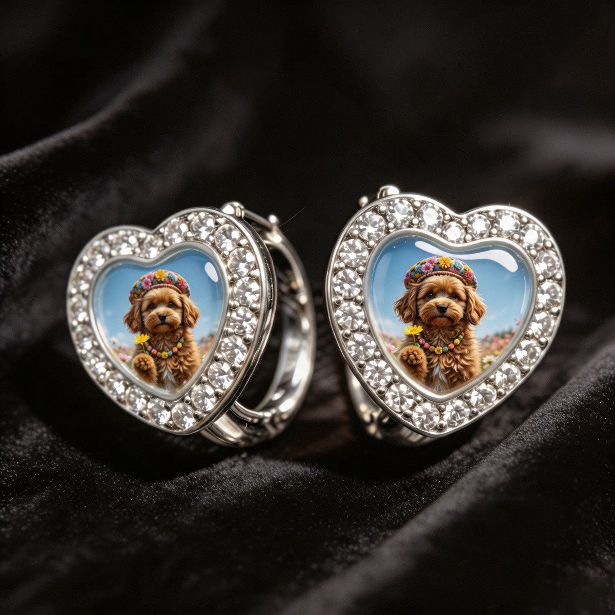 Crystal Heart Flower Crown Puppy Hoop Earrings