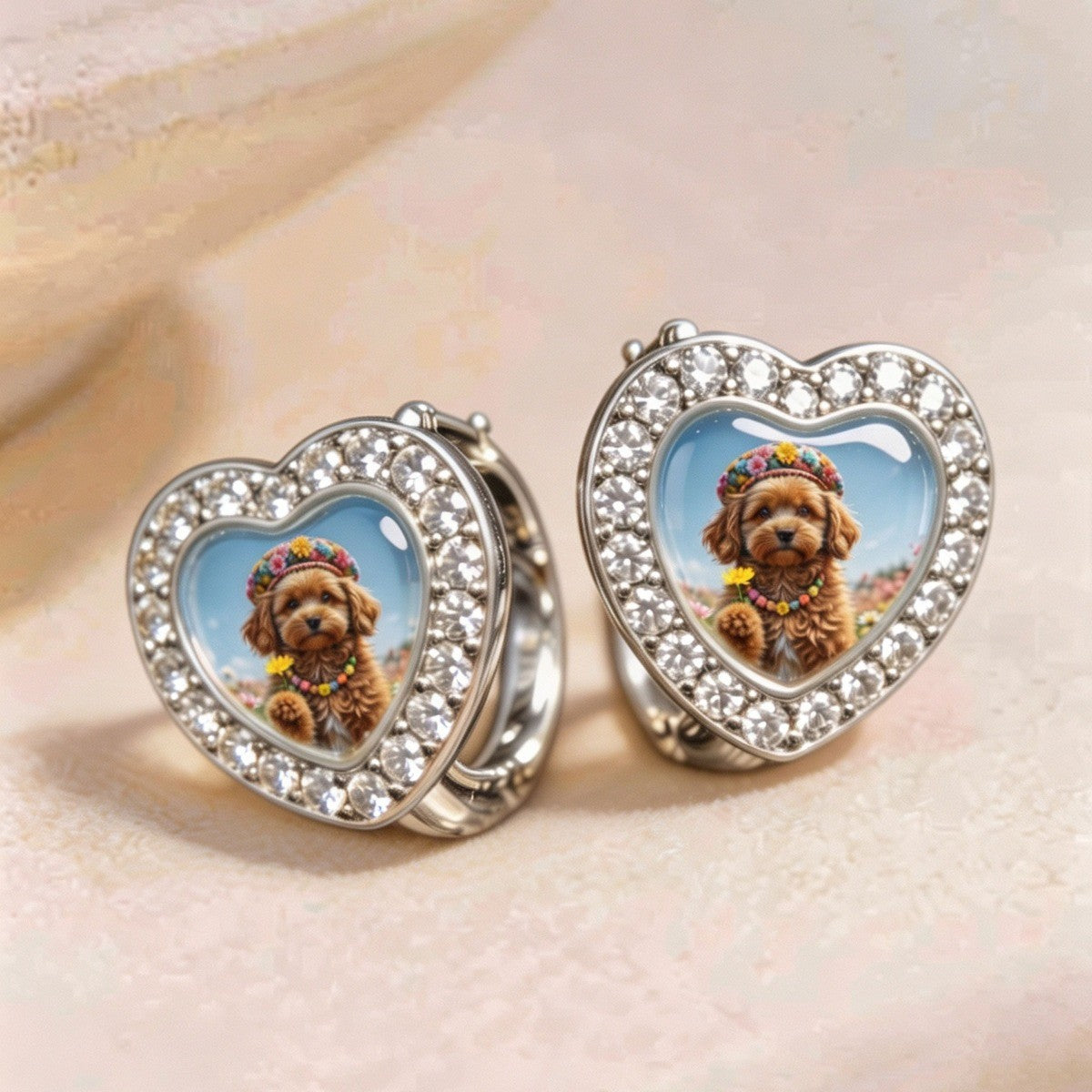 Crystal Heart Flower Crown Puppy Hoop Earrings