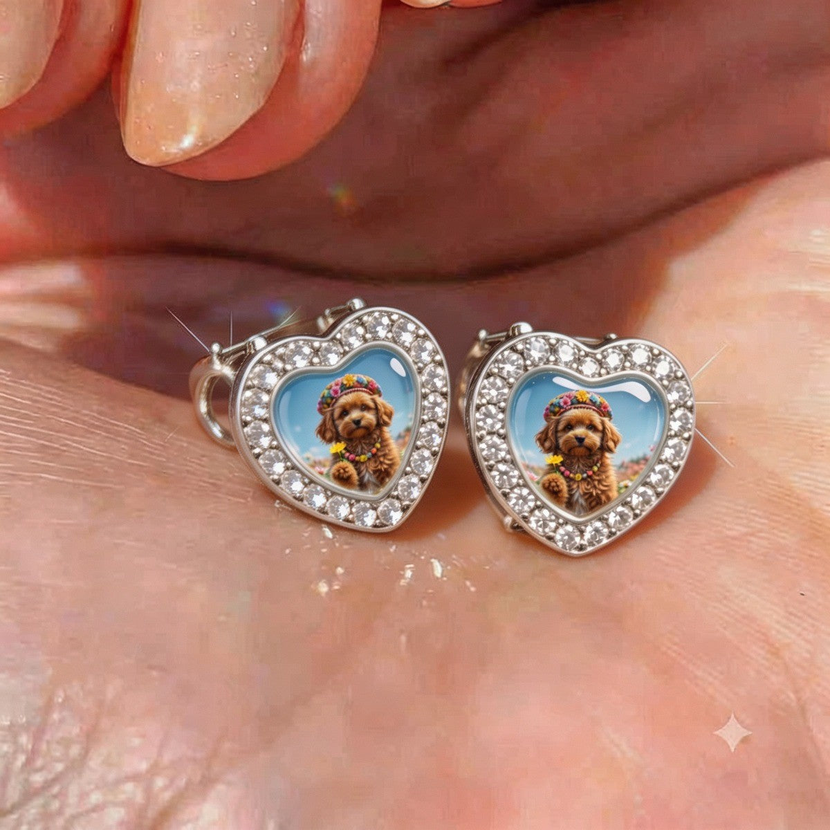 Crystal Heart Flower Crown Puppy Hoop Earrings