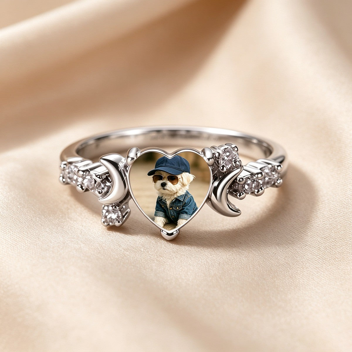 Puppy Cap Heart & Moon Ring